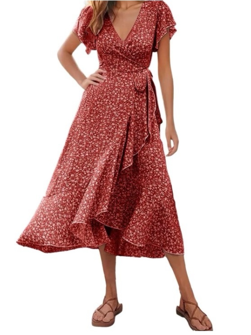 Max Studio Red Floral Wrap Maxi Dress